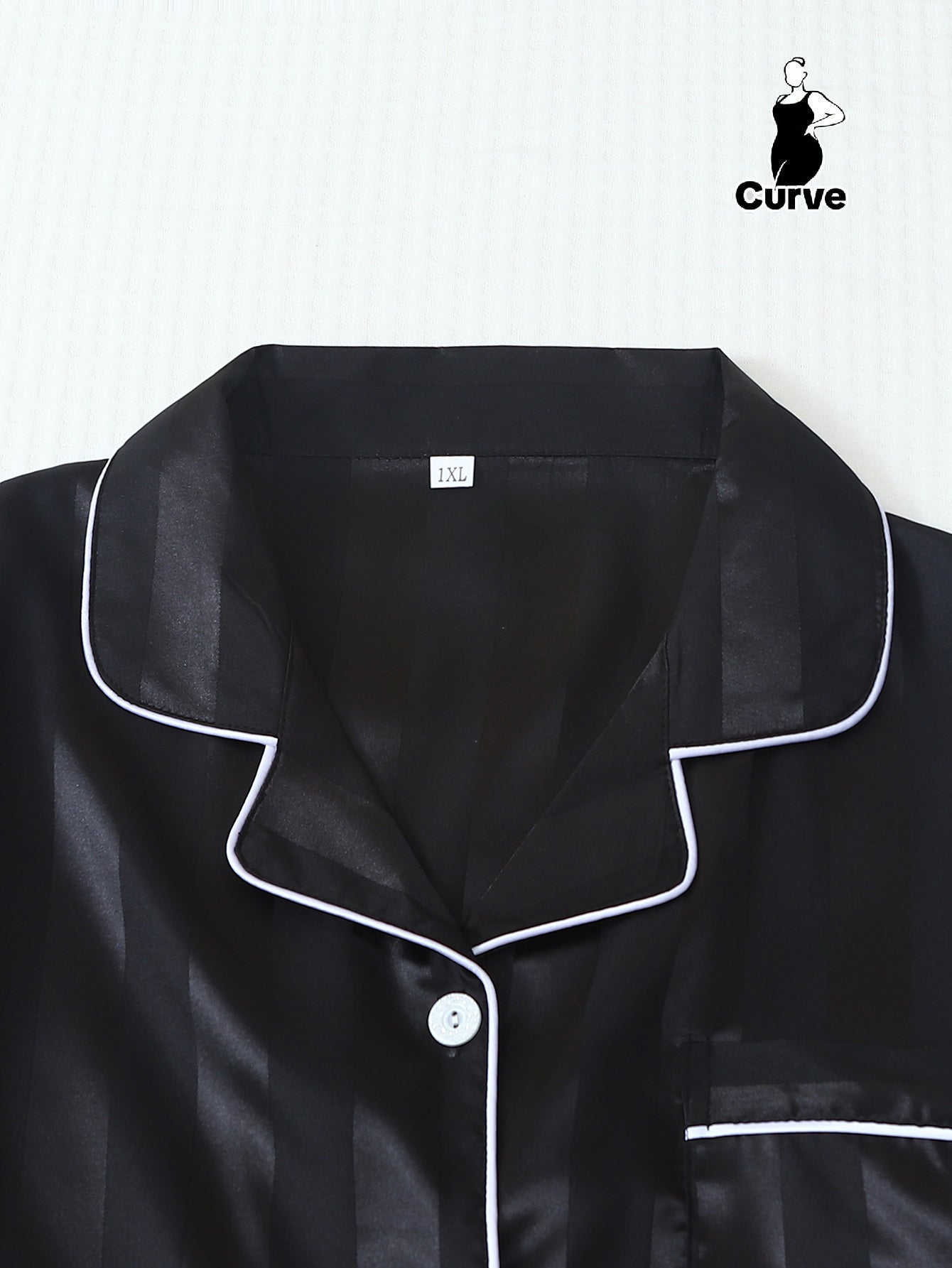 [Women's Pajama Set] Two-Piece Solid Color Satin Plus Size Striped Summer Short Sleeve Lapel Top and Bow Shorts Women's Pajama Set