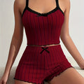 2pcs Sexy Lace-Trimmed Women'S Elastic Sleepwear Set | Ribbed Fleece-Trimmed Shorts and Camisole in Solid Color
