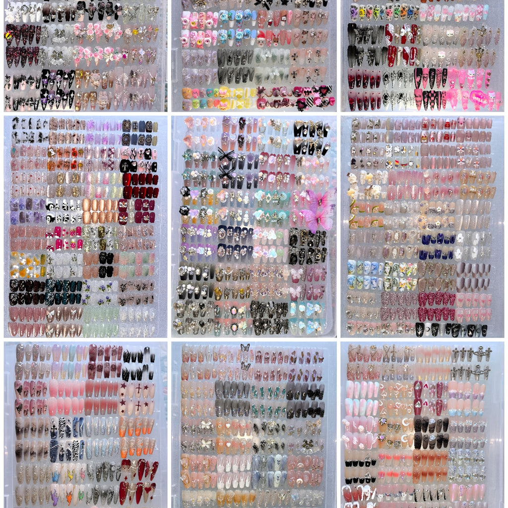 144pcs Multi-Style Handmade False Nail Set | Featuring Various Nail Art Styles, Suitable For Women And, Trendy Women, Perfect For Daily Use And Parties, Made of ABS, Mixed Color System, Square Shape, Middle Length, Glossy End