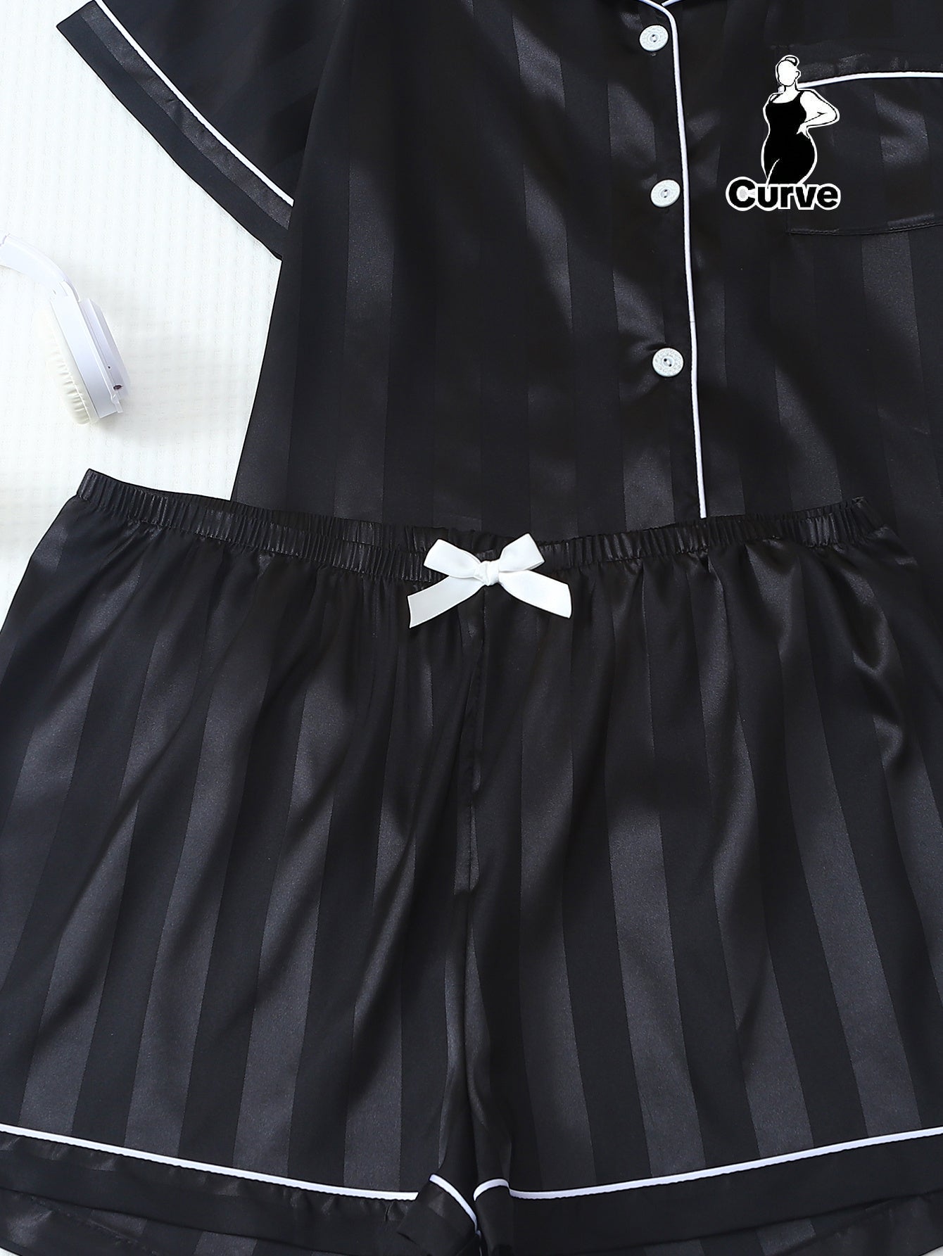 [Women's Pajama Set] Two-Piece Solid Color Satin Plus Size Striped Summer Short Sleeve Lapel Top and Bow Shorts Women's Pajama Set