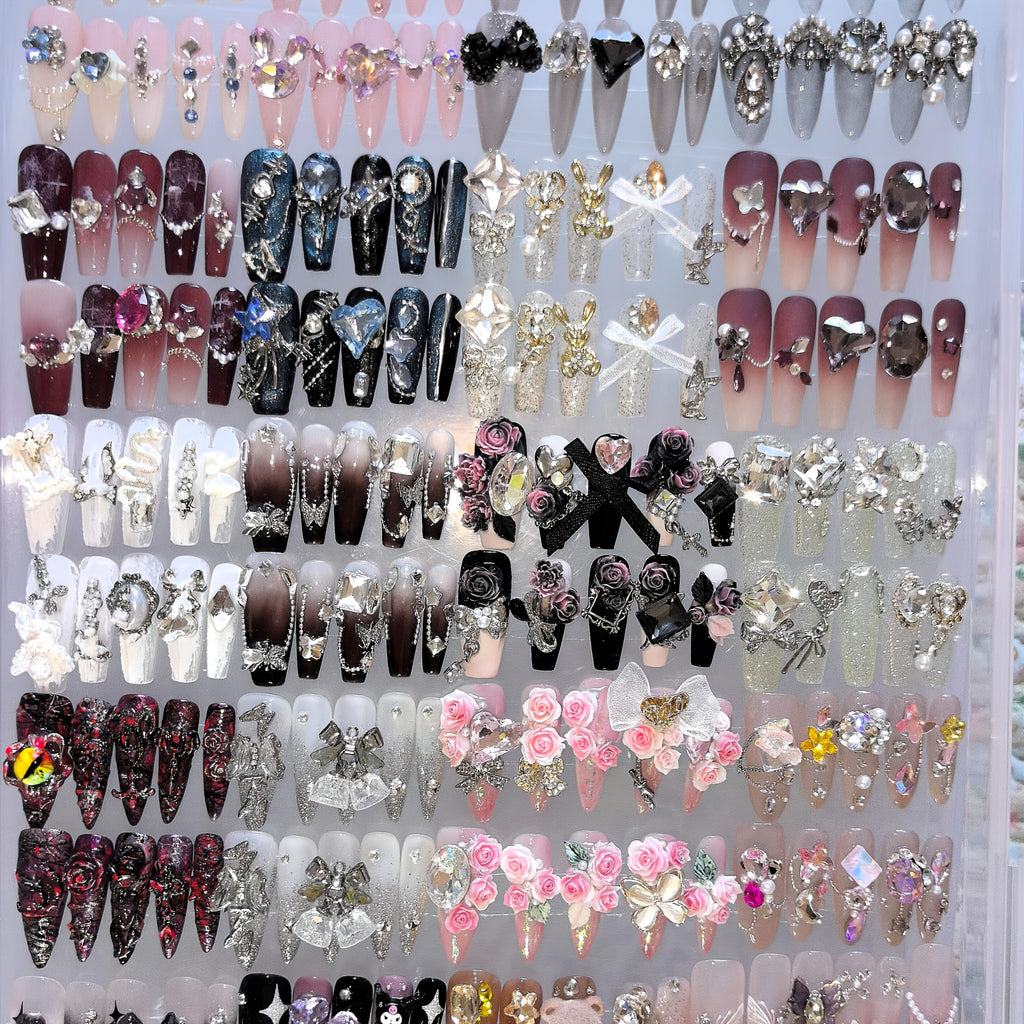 144pcs Multi-Style Handmade False Nail Set | Featuring Various Nail Art Styles, Suitable For Women And, Trendy Women, Perfect For Daily Use And Parties, Made of ABS, Mixed Color System, Square Shape, Middle Length, Glossy End