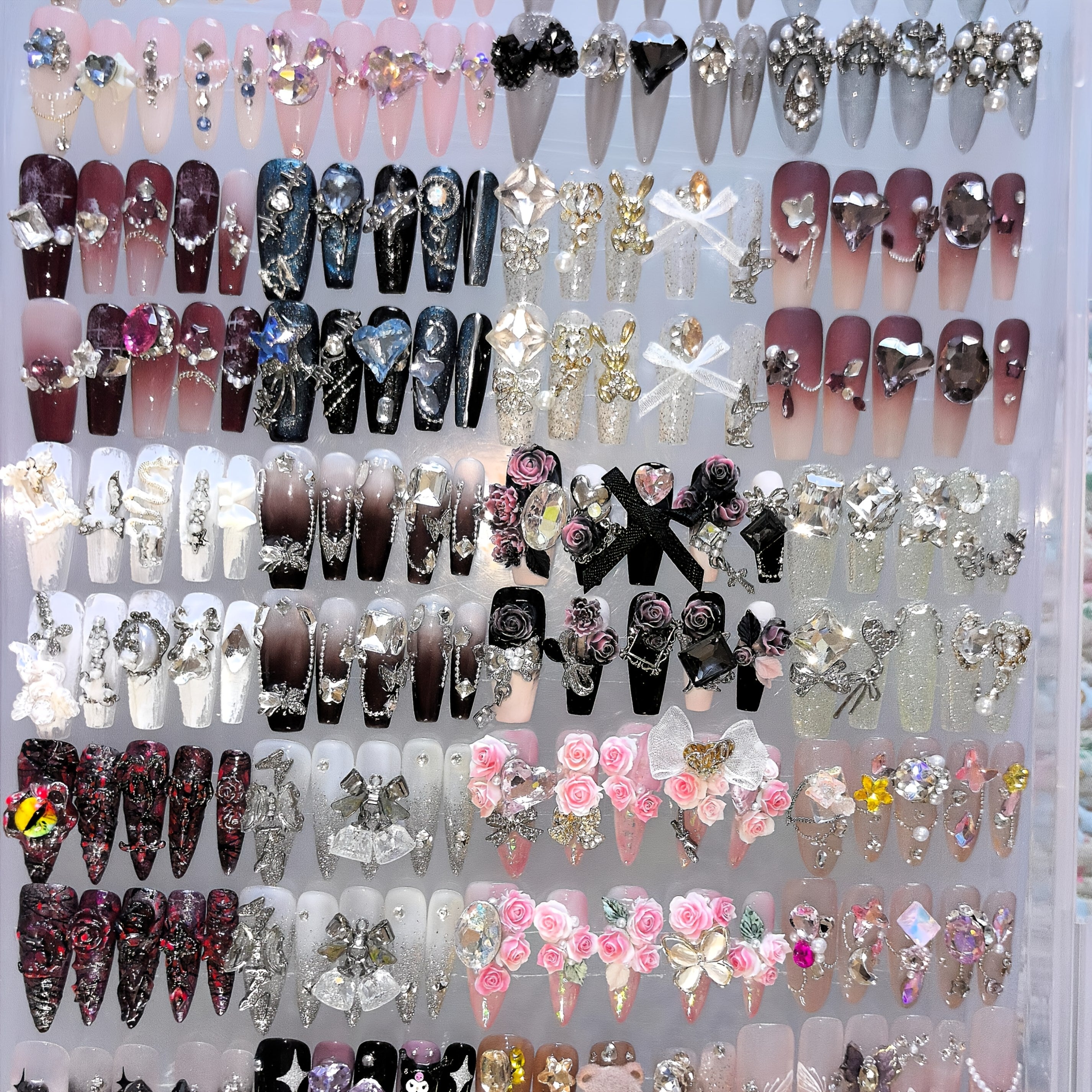 144pcs Multi-Style Handmade False Nail Set | Featuring Various Nail Art Styles, Suitable For Women And, Trendy Women, Perfect For Daily Use And Parties, Made of ABS, Mixed Color System, Square Shape, Middle Length, Glossy End