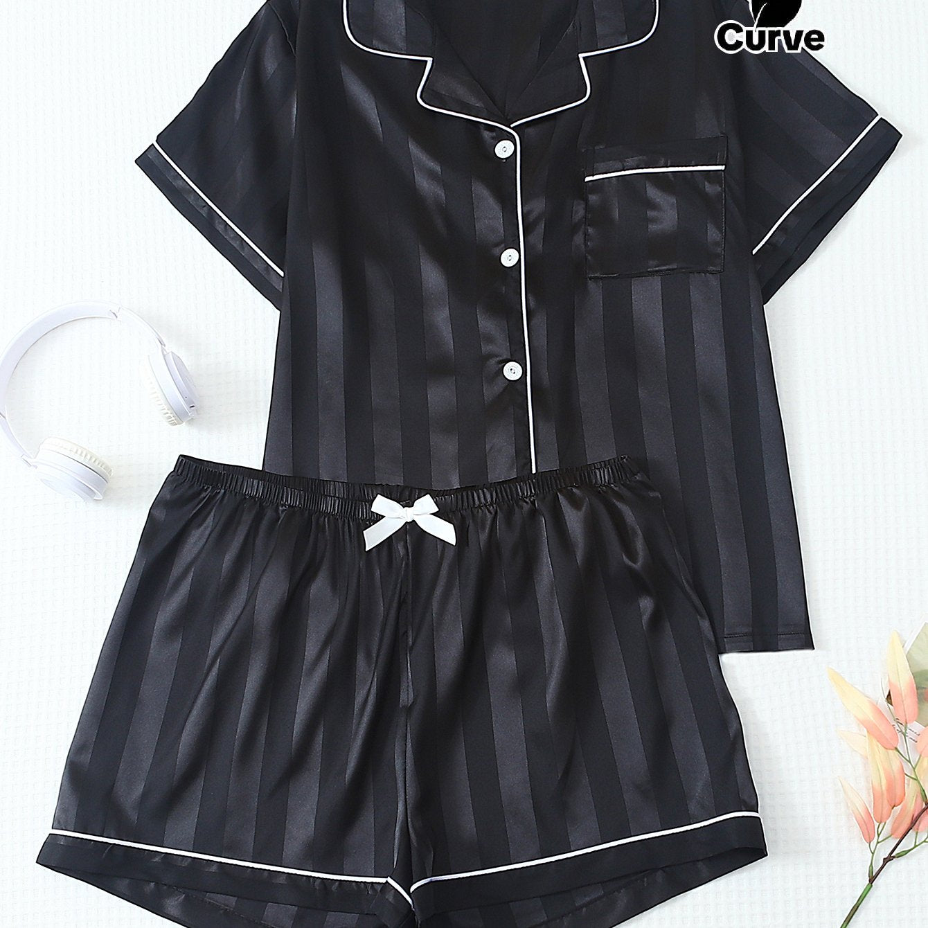 [Women's Pajama Set] Two-Piece Solid Color Satin Plus Size Striped Summer Short Sleeve Lapel Top and Bow Shorts Women's Pajama Set