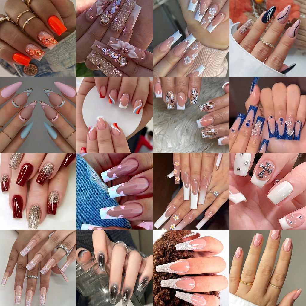 144pcs Multi-Style Handmade False Nail Set | Featuring Various Nail Art Styles, Suitable For Women And, Trendy Women, Perfect For Daily Use And Parties, Made of ABS, Mixed Color System, Square Shape, Middle Length, Glossy End