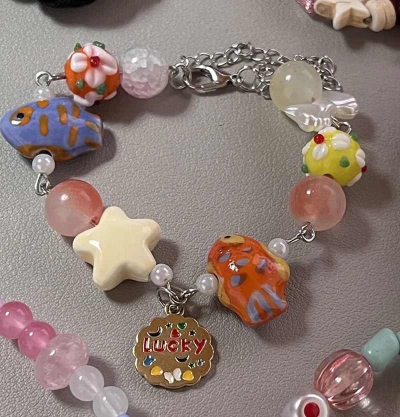 New Cute Geometry Star Conch Ceramic Glass Acrylic Beaded Bracelet Girl Kpop Aesthetic Charm Jewelry Y2K Marine Accessories