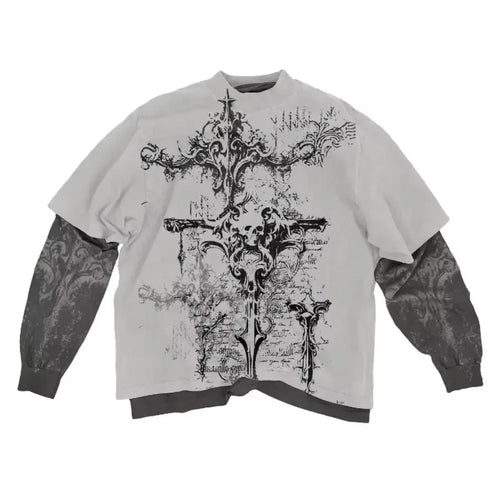 2000s American Skull Pattern Long sleeved T shirt Fashion Round Neck Oversized T shirt New Mens Casual Gothic Clothing Tops