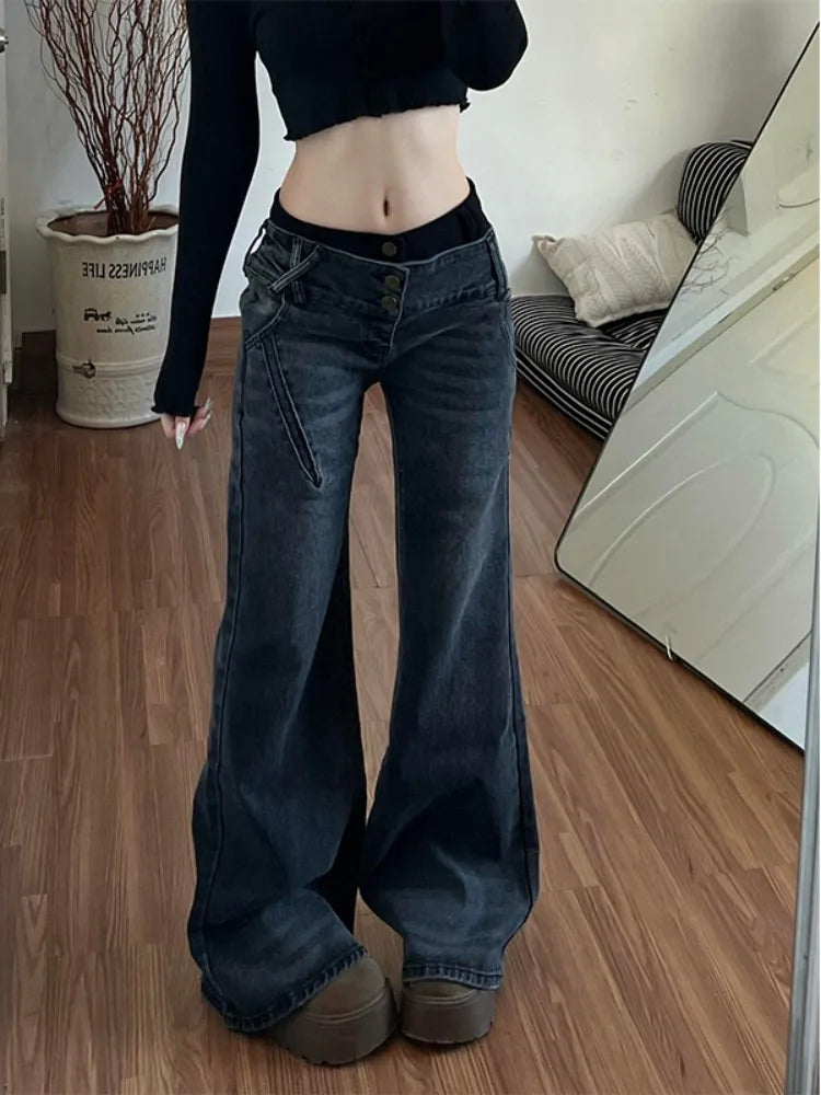 American Retro Low Waisted Jeans for Women's New Style Loose and Personalized Spicy Girl Design Washed Micro Flared Pants