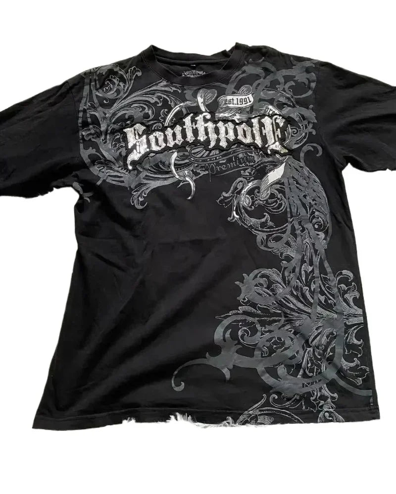 Y2K American Skull Pattern Long Sleeved T Shirt Fashion Round Neck Oversized T Shirt New Mens Womens Casual Gothic Clothing Tops