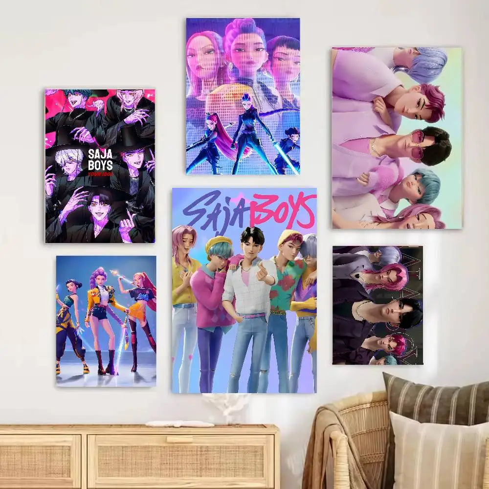 K-KPop D-Demon H-Hunters Sajaboy Poster Self-adhesive Art Waterproof Sticker Coffee House Dorm Room Wall Decor