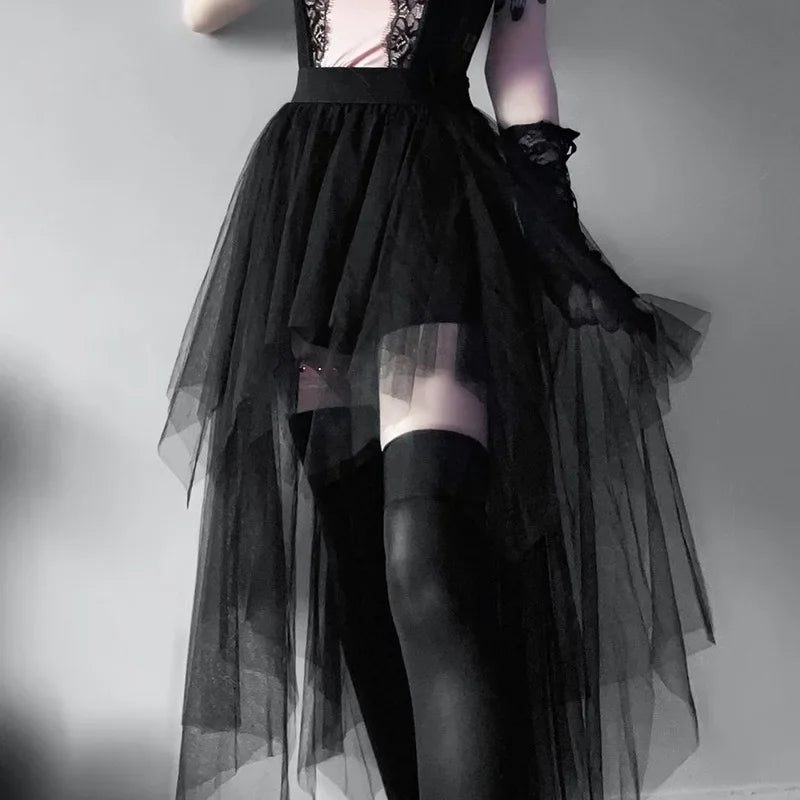 Fashion Net Yarn High-Waisted Irregular Skirt for Women Gothic Style Summer Casual Skirt Sexy and Charming Goth