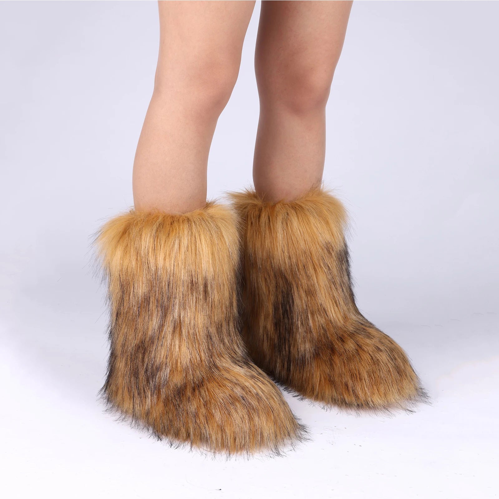 Faux Fur Boots for Women Furry Fuzzy Fluffy Mid Calf Snow Boots Ladies Winter Warm Short Outdoor Indoor Shoes Women's Boots