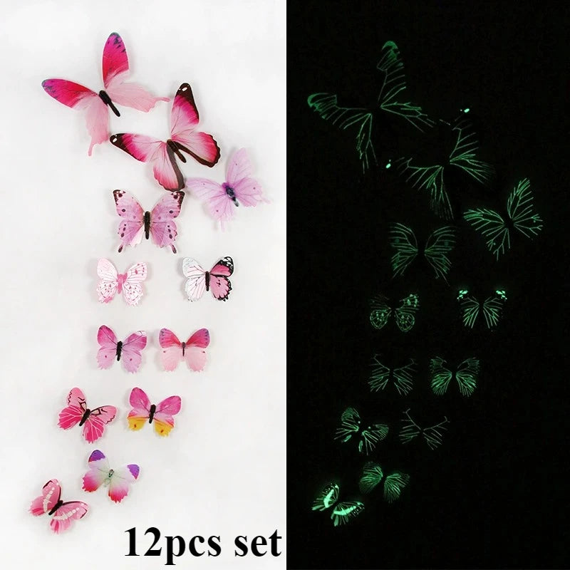 12pcs Glow-in-the-Dark 3D Butterfly Wall Decals UV Activated Luminous Stickers for Bedroom Living Room Nursery Decor
