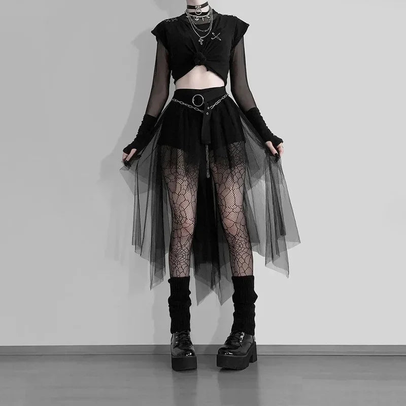 Fashion Net Yarn High-Waisted Irregular Skirt for Women Gothic Style Summer Casual Skirt Sexy and Charming Goth