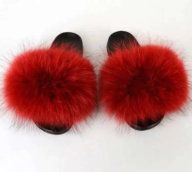 Real Raccoon Fur Slippers For Women 2023 Summer Fluffy Indoor House Fuzzy Flat Slides Outdoor Fashion Beach Sandals Flip Flops