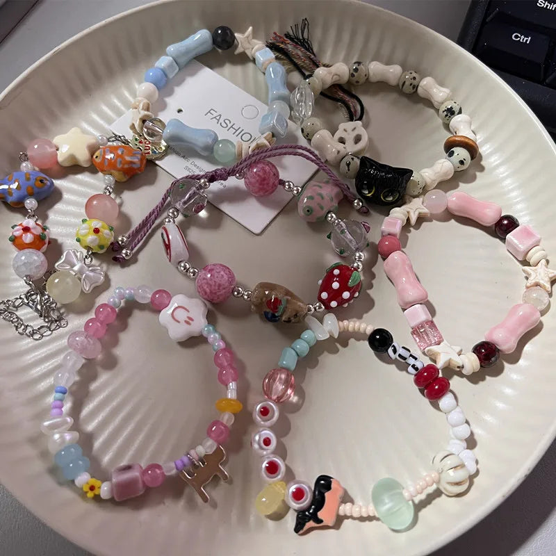 New Cute Geometry Star Conch Ceramic Glass Acrylic Beaded Bracelet Girl Kpop Aesthetic Charm Jewelry Y2K Marine Accessories