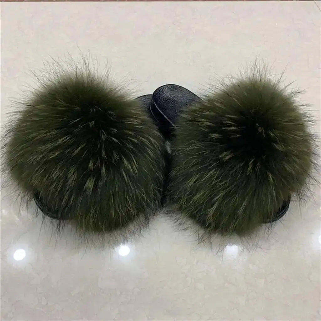 Real Raccoon Fur Slippers For Women 2023 Summer Fluffy Indoor House Fuzzy Flat Slides Outdoor Fashion Beach Sandals Flip Flops