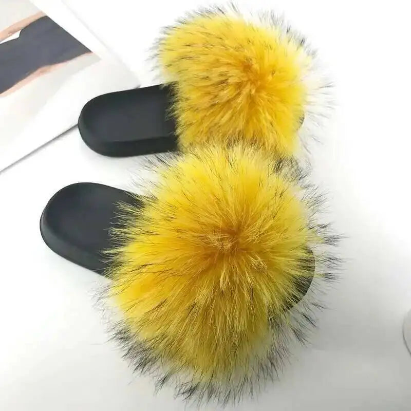 Real Raccoon Fur Slippers For Women 2023 Summer Fluffy Indoor House Fuzzy Flat Slides Outdoor Fashion Beach Sandals Flip Flops