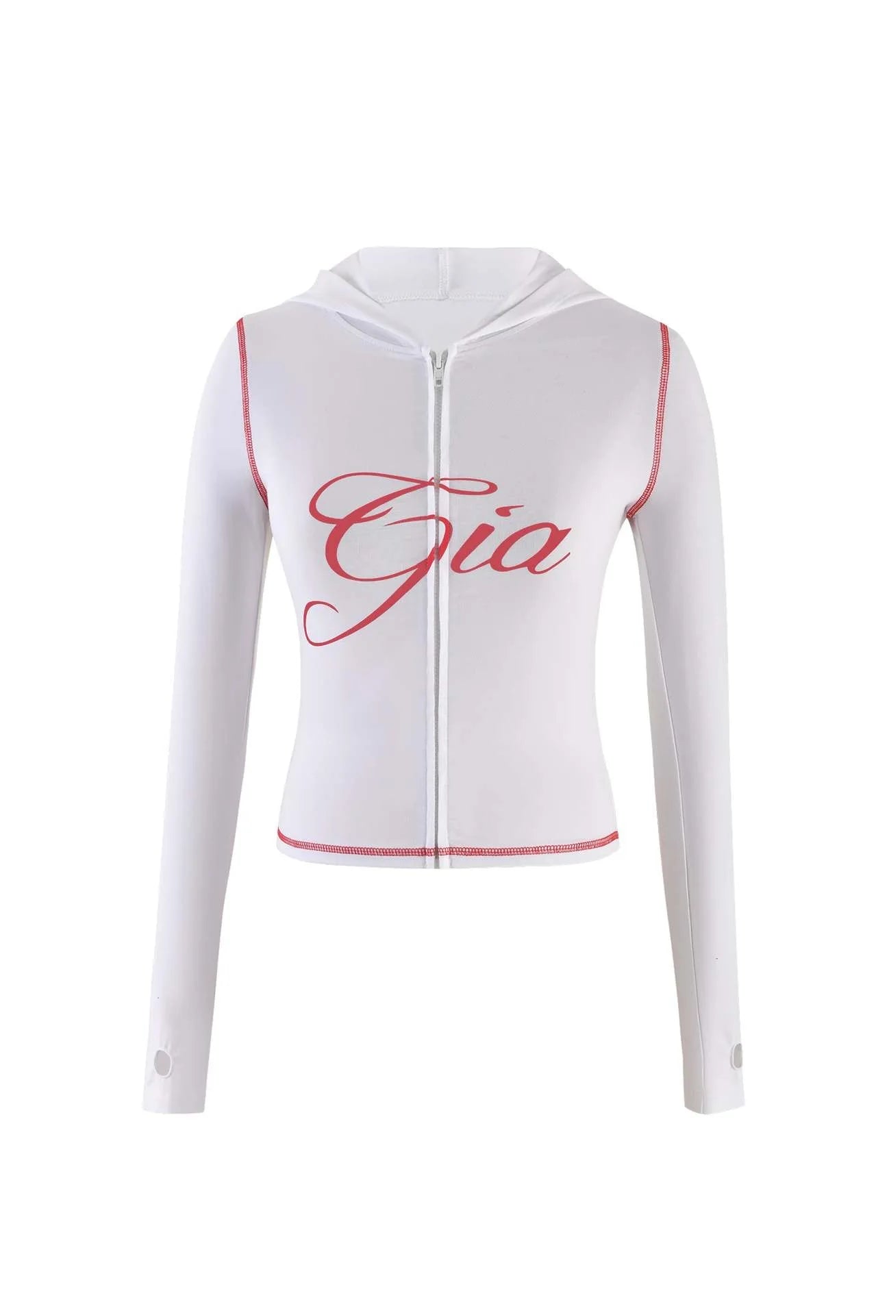 Gia regular shoulder slim-fit letter print topstitch design slim-fit hooded zip-up short jacket and pants set