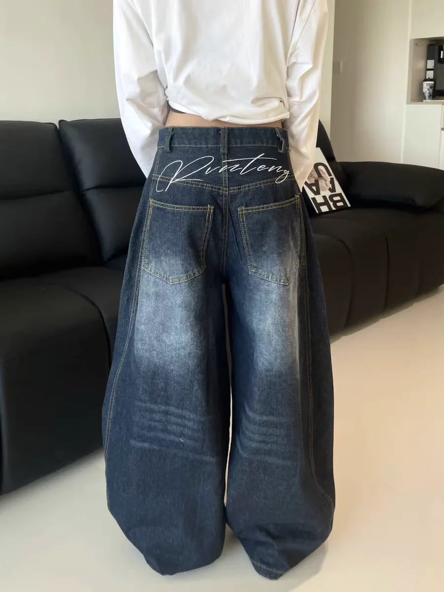 Ladies Y2K High Waist Slimming Wide Leg Elastic Jeans Loose Fit Versatile Women's Denim Pants Fashionable plus Size