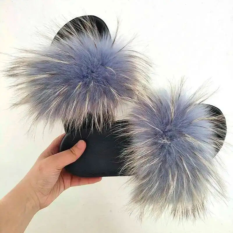 Real Raccoon Fur Slippers For Women 2023 Summer Fluffy Indoor House Fuzzy Flat Slides Outdoor Fashion Beach Sandals Flip Flops
