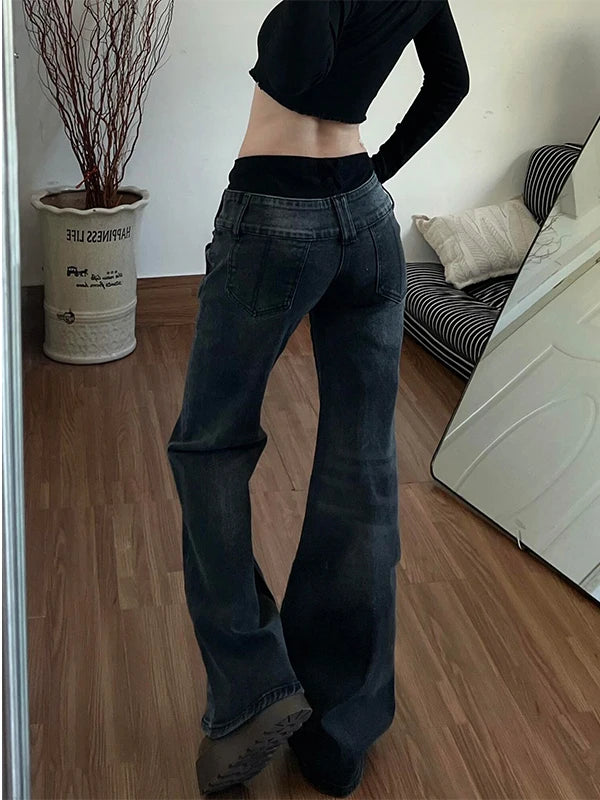 American Retro Low Waisted Jeans for Women's New Style Loose and Personalized Spicy Girl Design Washed Micro Flared Pants