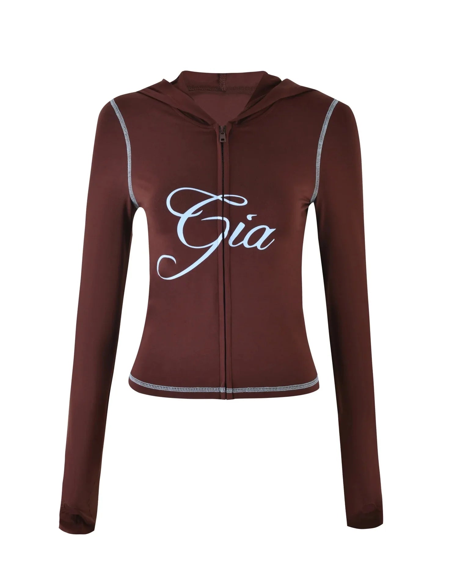 Gia regular shoulder slim-fit letter print topstitch design slim-fit hooded zip-up short jacket and pants set
