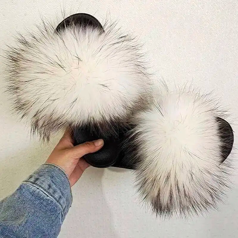 Real Raccoon Fur Slippers For Women 2023 Summer Fluffy Indoor House Fuzzy Flat Slides Outdoor Fashion Beach Sandals Flip Flops