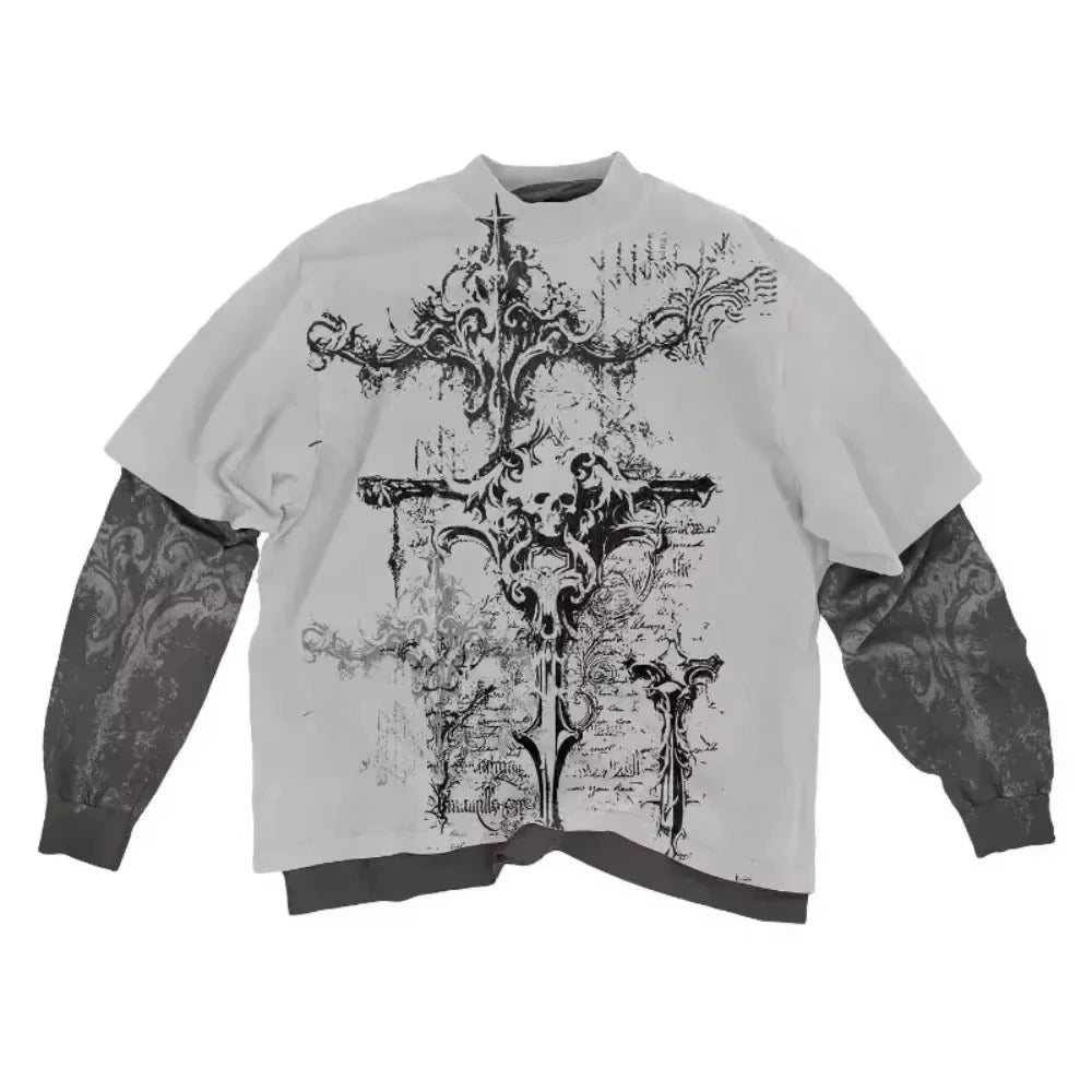Y2K American Skull Pattern Long Sleeved T Shirt Fashion Round Neck Oversized T Shirt New Mens Womens Casual Gothic Clothing Tops