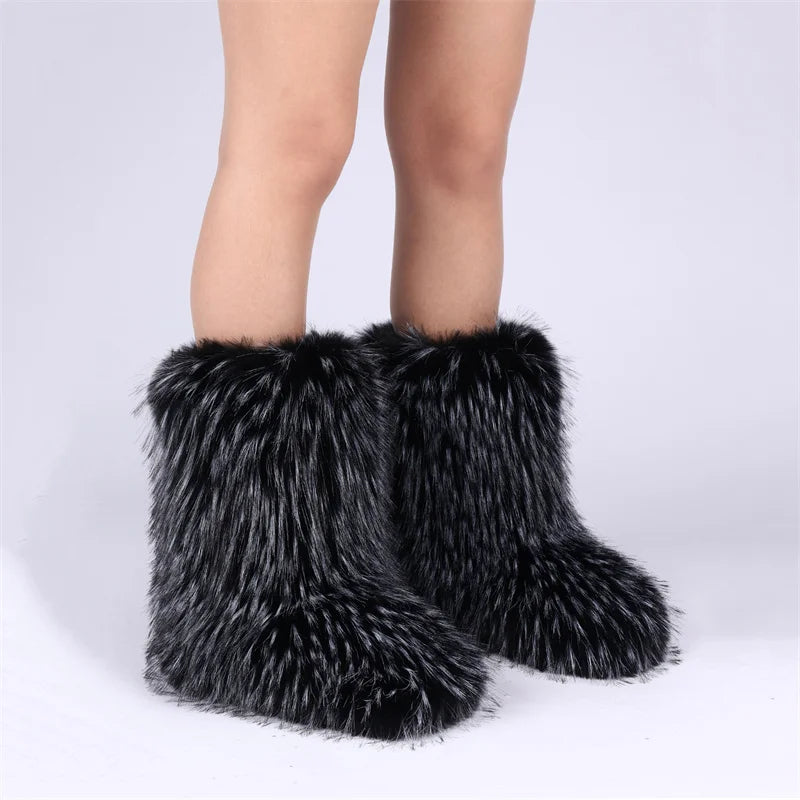 Faux Fur Boots for Women Furry Fuzzy Fluffy Mid Calf Snow Boots Ladies Winter Warm Short Outdoor Indoor Shoes Women's Boots