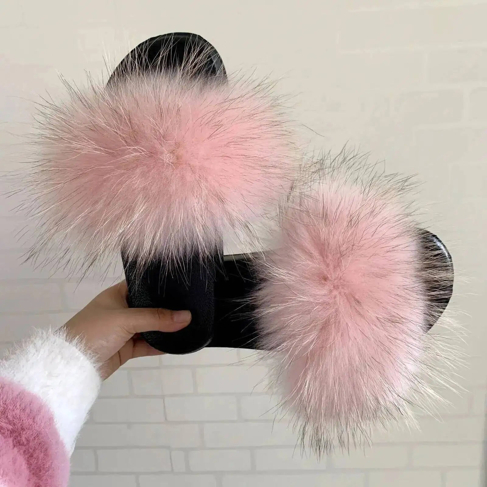 Real Raccoon Fur Slippers For Women 2023 Summer Fluffy Indoor House Fuzzy Flat Slides Outdoor Fashion Beach Sandals Flip Flops