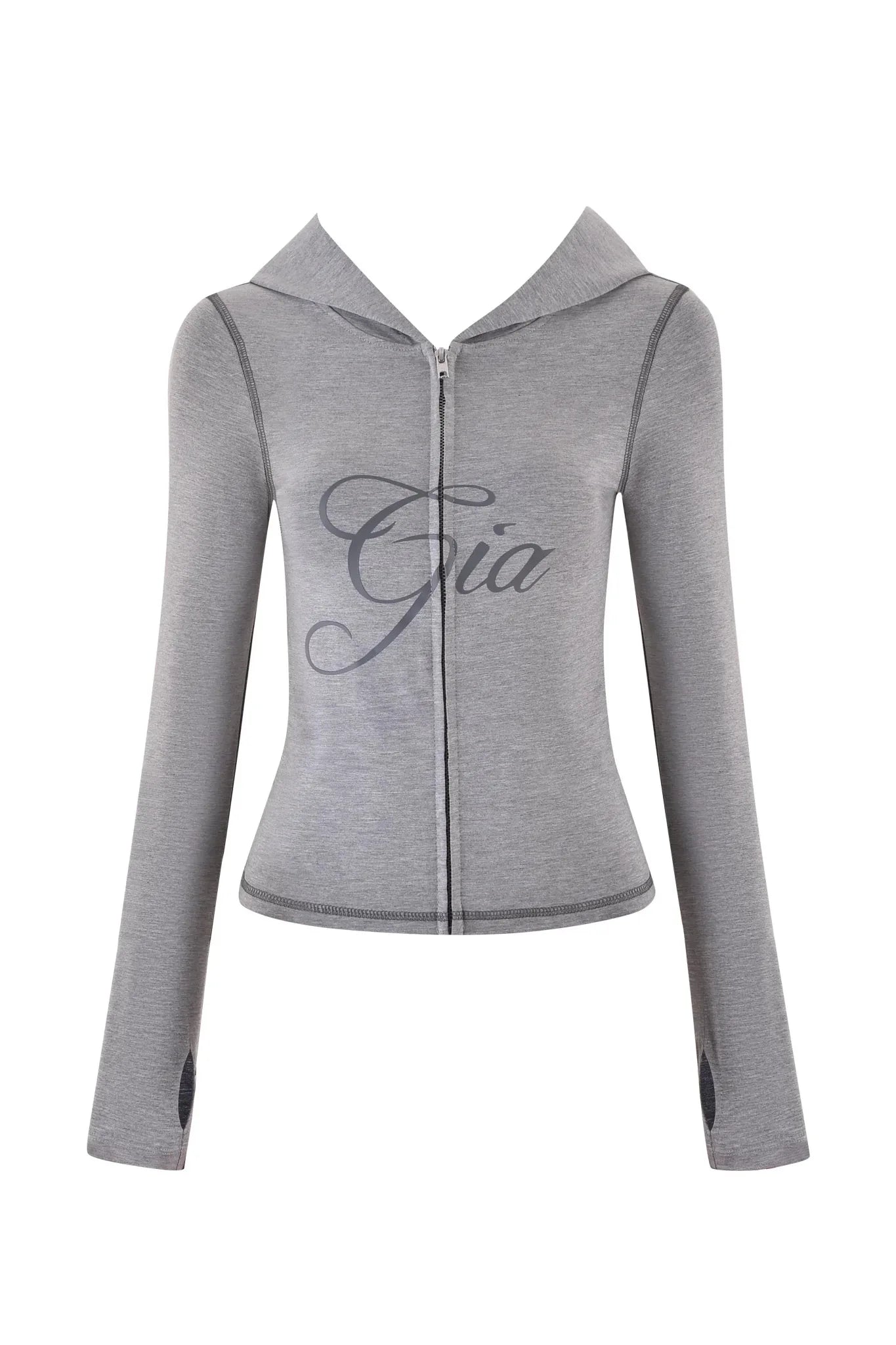 Gia regular shoulder slim-fit letter print topstitch design slim-fit hooded zip-up short jacket and pants set