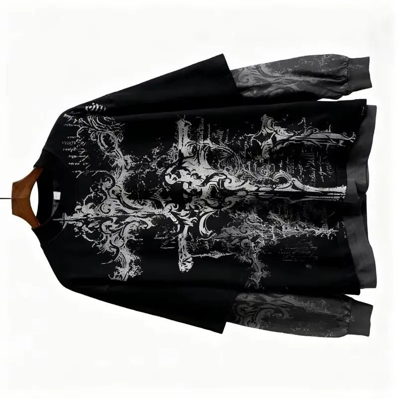 Y2K American Skull Pattern Long Sleeved T Shirt Fashion Round Neck Oversized T Shirt New Mens Womens Casual Gothic Clothing Tops