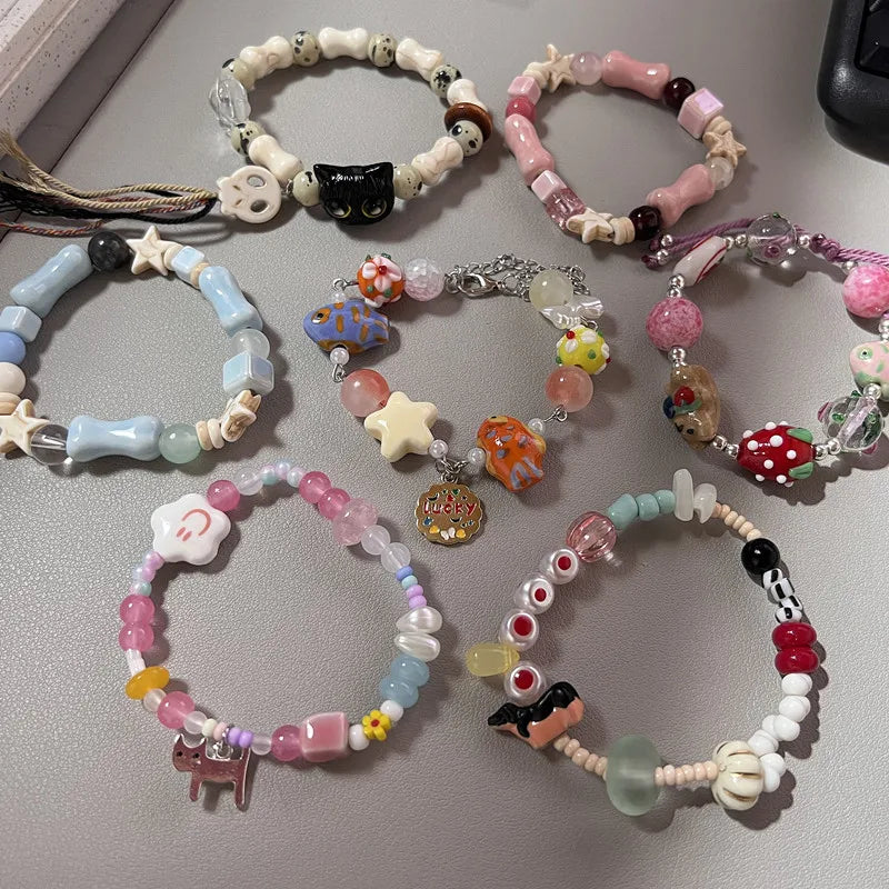 New Cute Geometry Star Conch Ceramic Glass Acrylic Beaded Bracelet Girl Kpop Aesthetic Charm Jewelry Y2K Marine Accessories