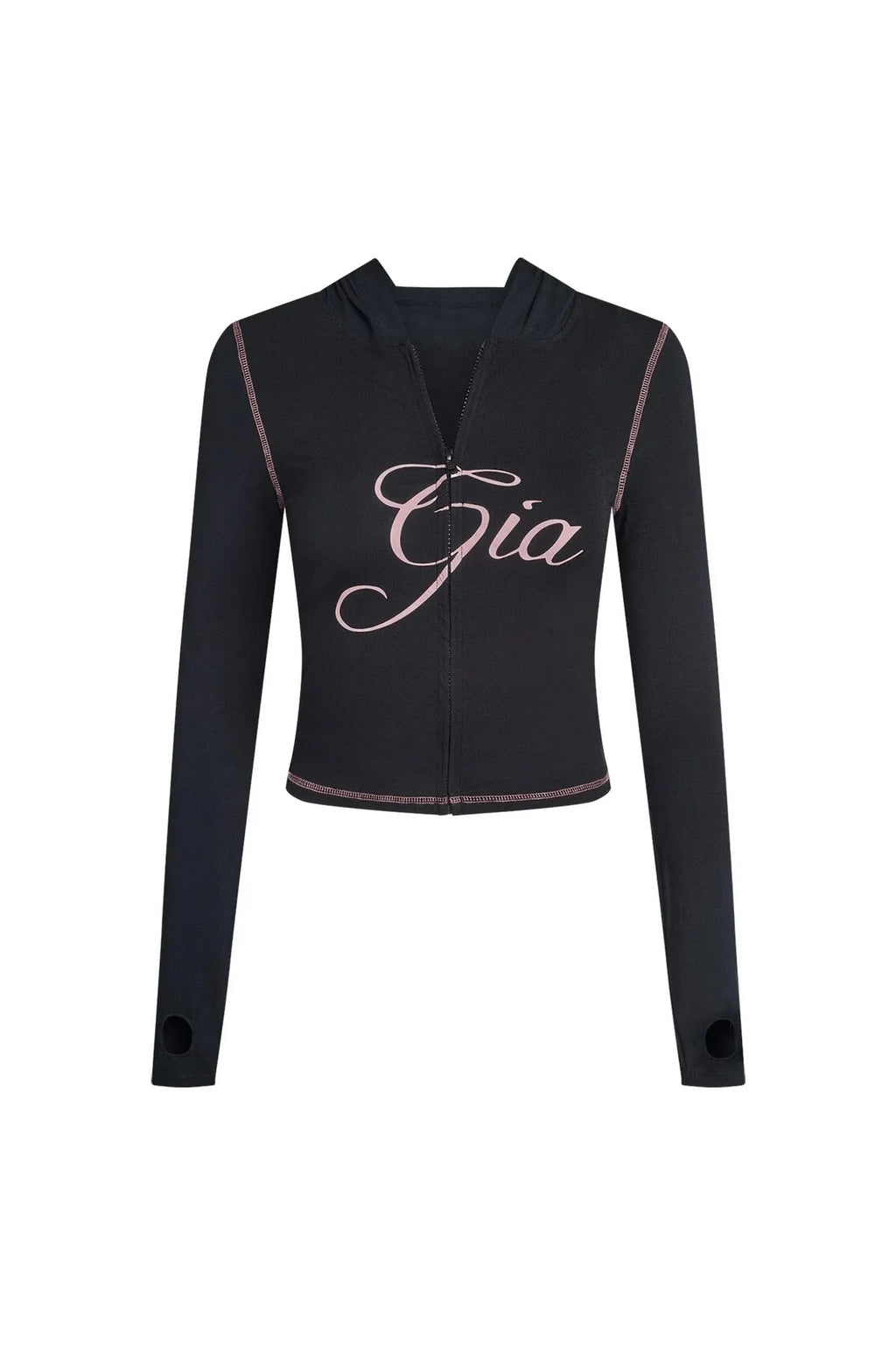 Gia regular shoulder slim-fit letter print topstitch design slim-fit hooded zip-up short jacket and pants set