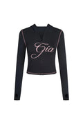 Gia regular shoulder slim-fit letter print topstitch design slim-fit hooded zip-up short jacket and pants set