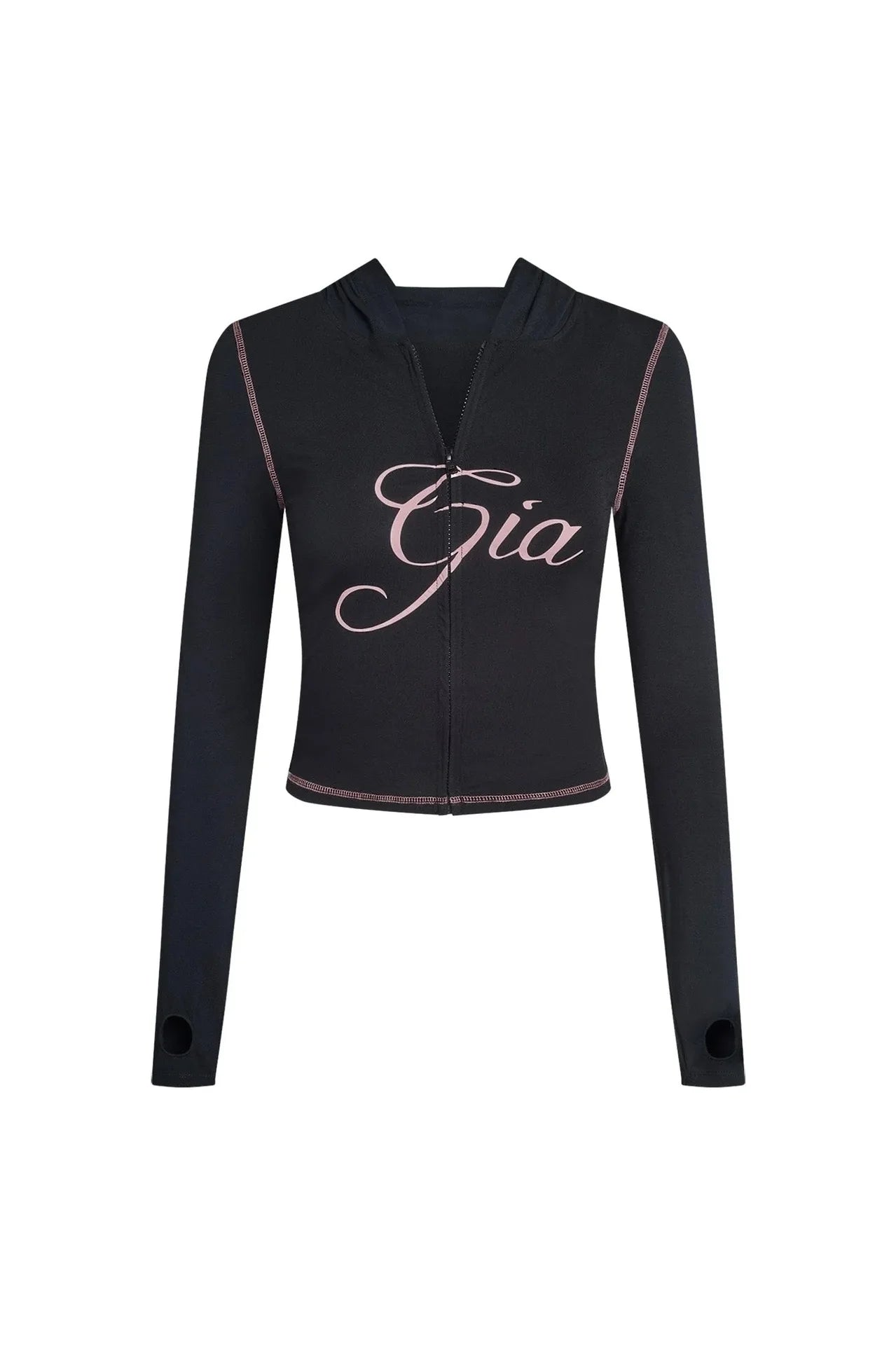 Gia regular shoulder slim-fit letter print topstitch design slim-fit hooded zip-up short jacket and pants set