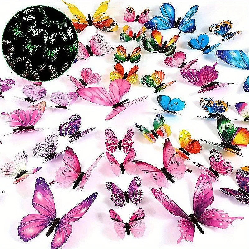 12pcs Glow-in-the-Dark 3D Butterfly Wall Decals UV Activated Luminous Stickers for Bedroom Living Room Nursery Decor