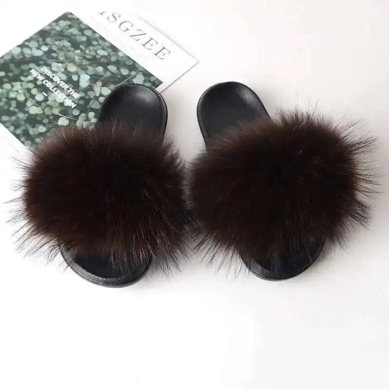 Real Raccoon Fur Slippers For Women 2023 Summer Fluffy Indoor House Fuzzy Flat Slides Outdoor Fashion Beach Sandals Flip Flops