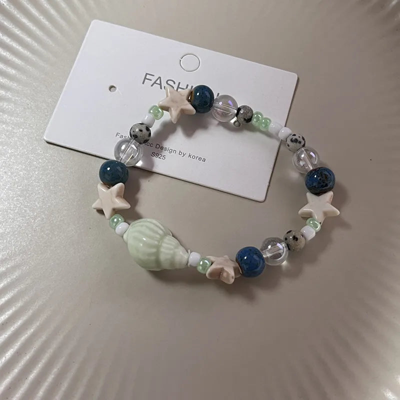 New Cute Geometry Star Conch Ceramic Glass Acrylic Beaded Bracelet Girl Kpop Aesthetic Charm Jewelry Y2K Marine Accessories