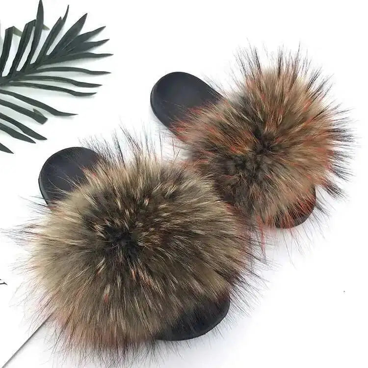 Real Raccoon Fur Slippers For Women 2023 Summer Fluffy Indoor House Fuzzy Flat Slides Outdoor Fashion Beach Sandals Flip Flops