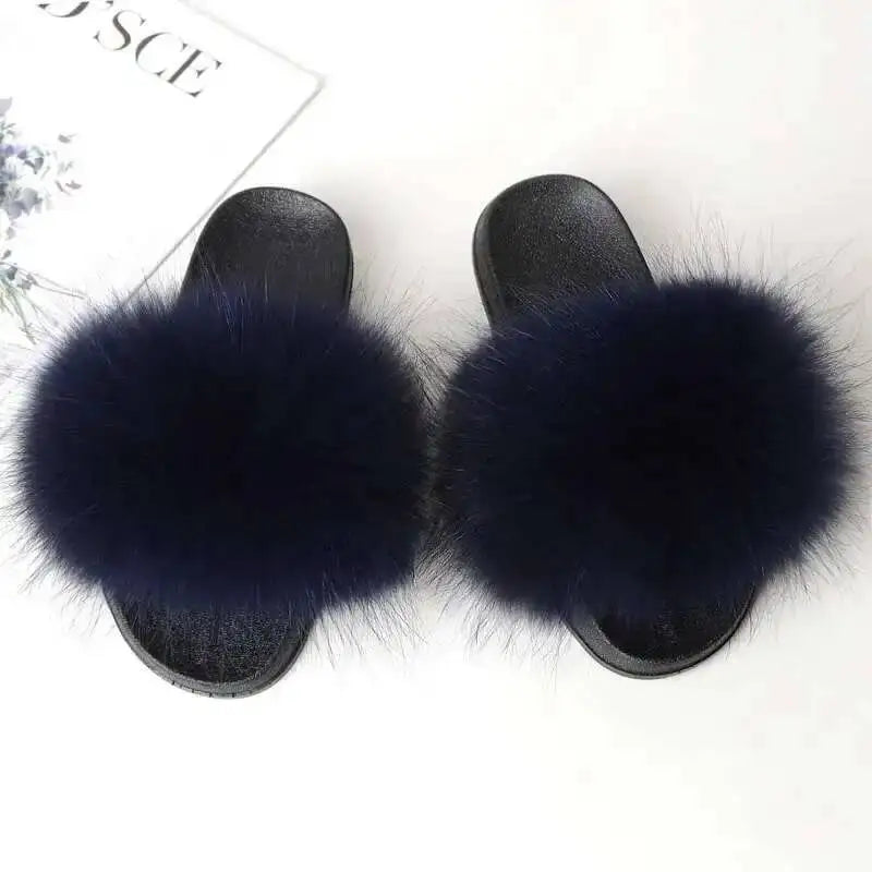 Real Raccoon Fur Slippers For Women 2023 Summer Fluffy Indoor House Fuzzy Flat Slides Outdoor Fashion Beach Sandals Flip Flops