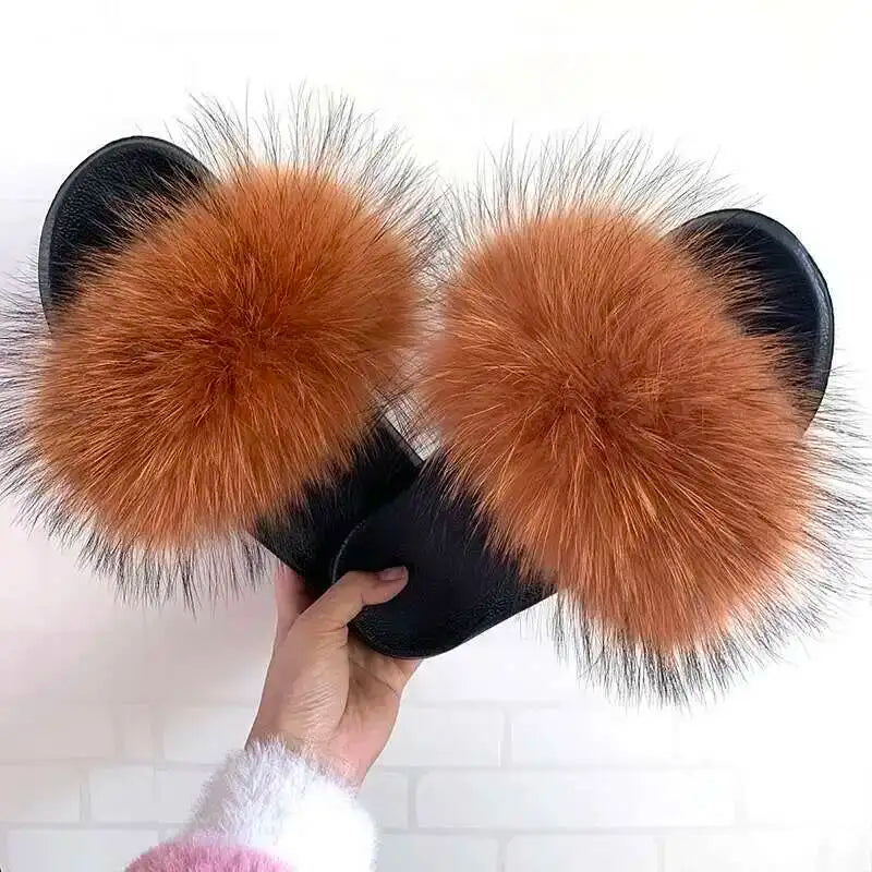 Real Raccoon Fur Slippers For Women 2023 Summer Fluffy Indoor House Fuzzy Flat Slides Outdoor Fashion Beach Sandals Flip Flops