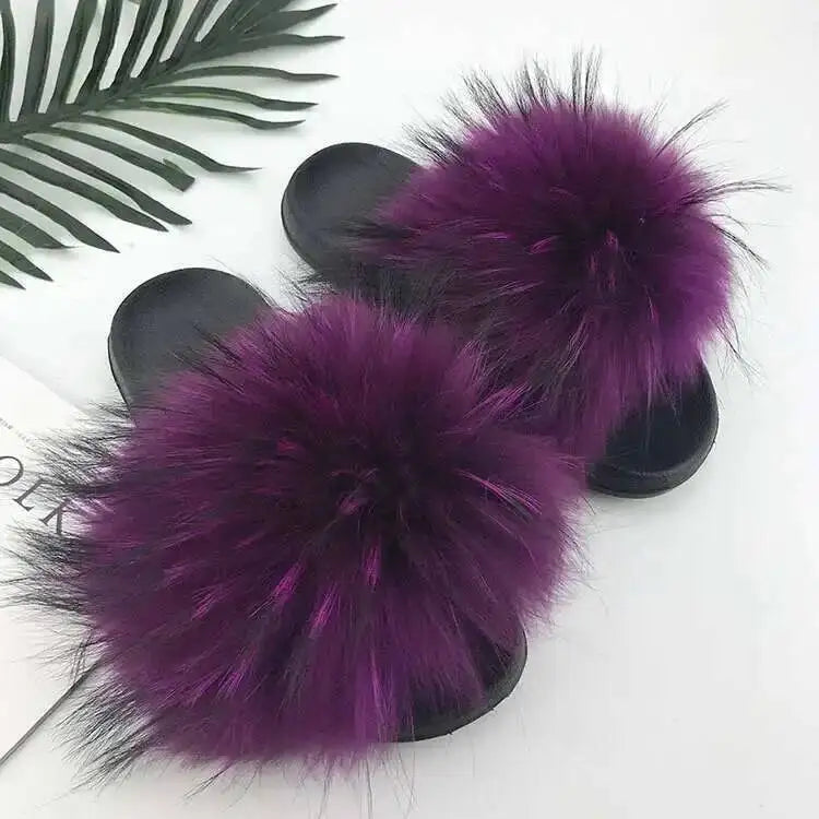 Real Raccoon Fur Slippers For Women 2023 Summer Fluffy Indoor House Fuzzy Flat Slides Outdoor Fashion Beach Sandals Flip Flops