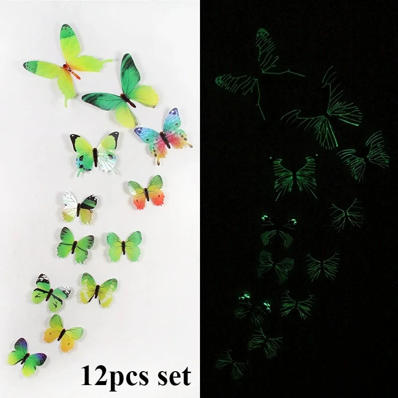 12pcs Glow-in-the-Dark 3D Butterfly Wall Decals UV Activated Luminous Stickers for Bedroom Living Room Nursery Decor
