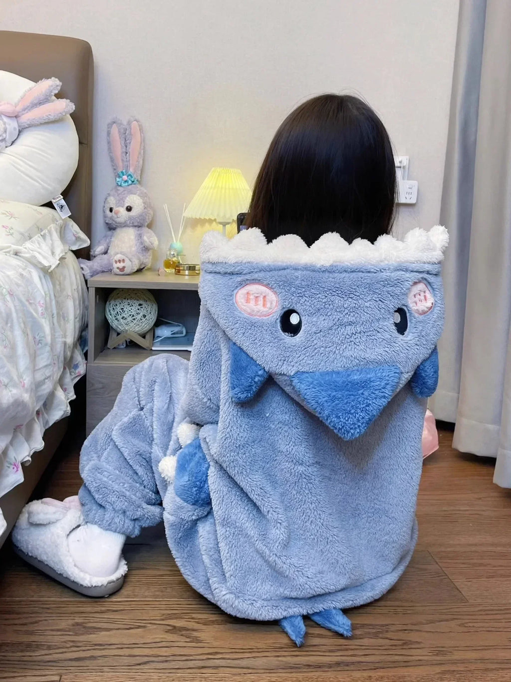 Blue Shark One-piece Pajamas Anime  Cosplay Costumes Winter Coral Fleece Warm Hooded Nightgown Full Zipper Thick Onesies