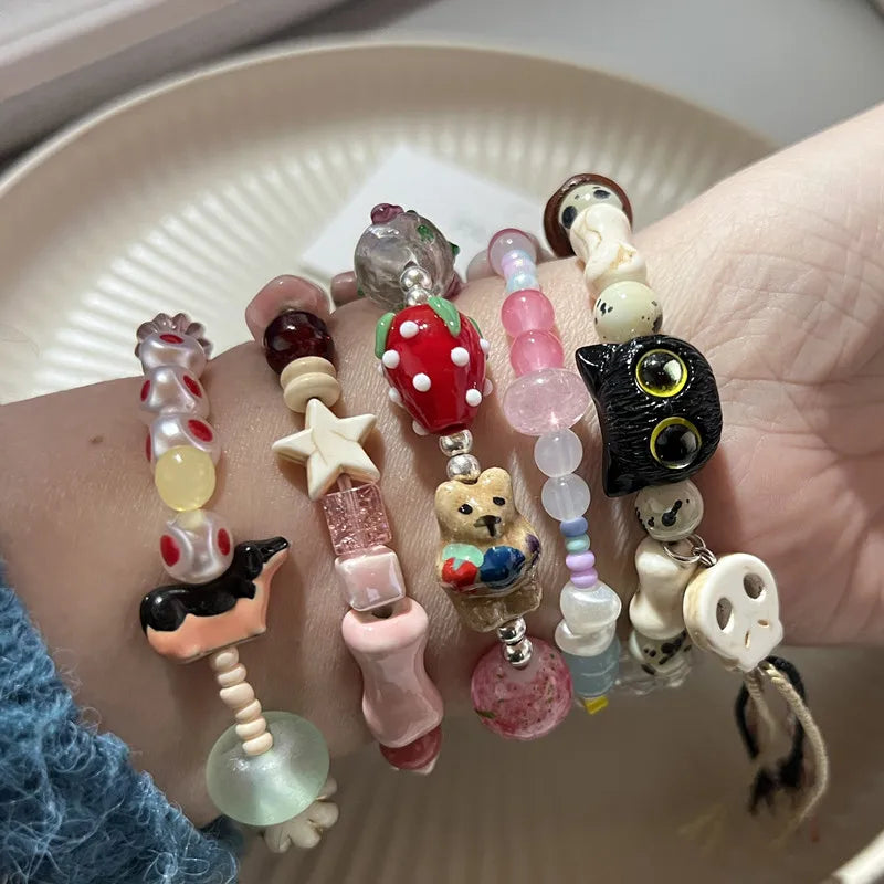 New Cute Geometry Star Conch Ceramic Glass Acrylic Beaded Bracelet Girl Kpop Aesthetic Charm Jewelry Y2K Marine Accessories