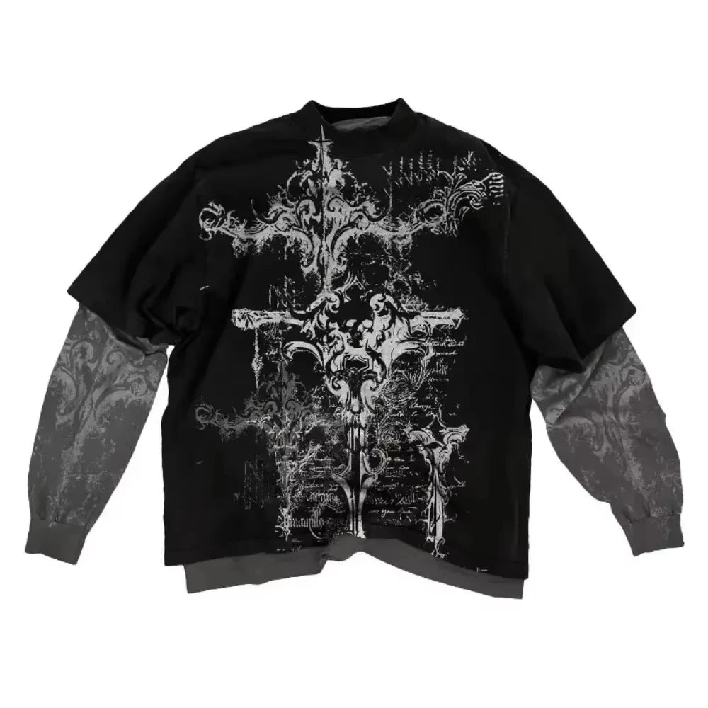 Y2K American Skull Pattern Long Sleeved T Shirt Fashion Round Neck Oversized T Shirt New Mens Womens Casual Gothic Clothing Tops