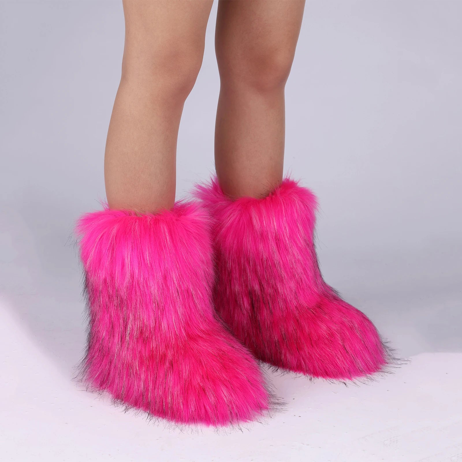 Faux Fur Boots for Women Furry Fuzzy Fluffy Mid Calf Snow Boots Ladies Winter Warm Short Outdoor Indoor Shoes Women's Boots