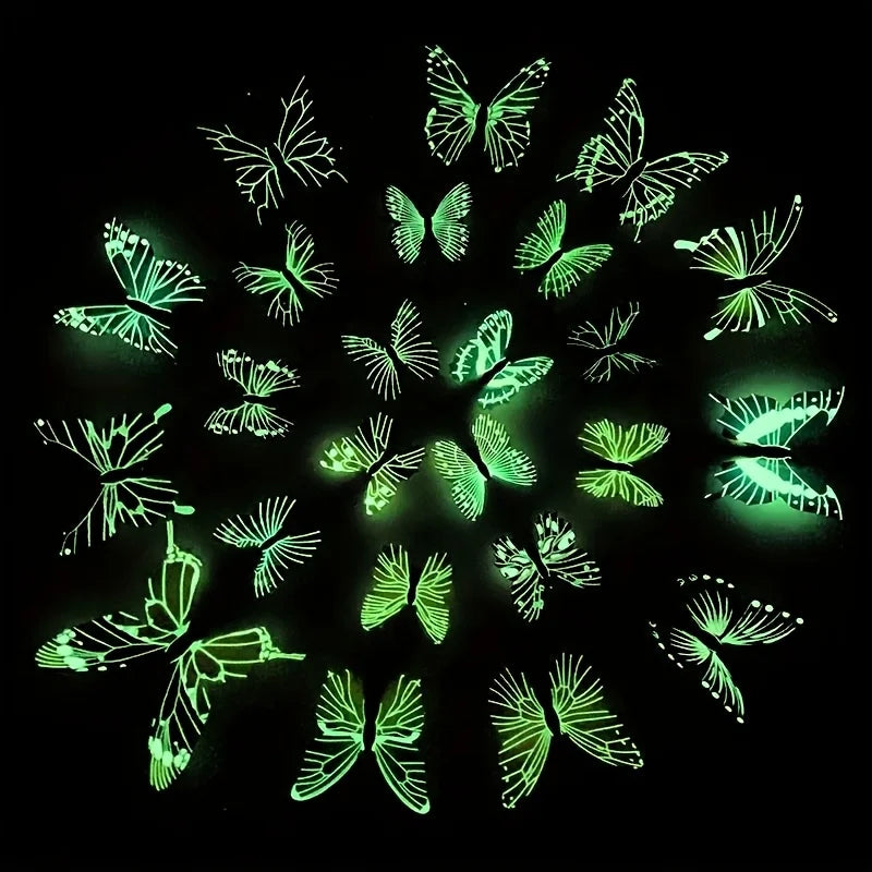 12pcs Glow-in-the-Dark 3D Butterfly Wall Decals UV Activated Luminous Stickers for Bedroom Living Room Nursery Decor
