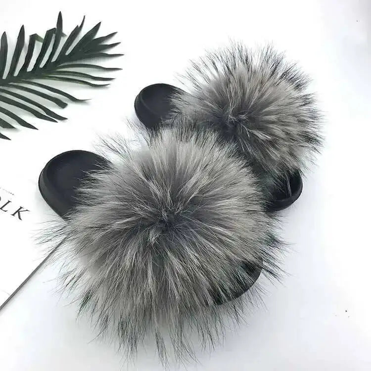 Real Raccoon Fur Slippers For Women 2023 Summer Fluffy Indoor House Fuzzy Flat Slides Outdoor Fashion Beach Sandals Flip Flops